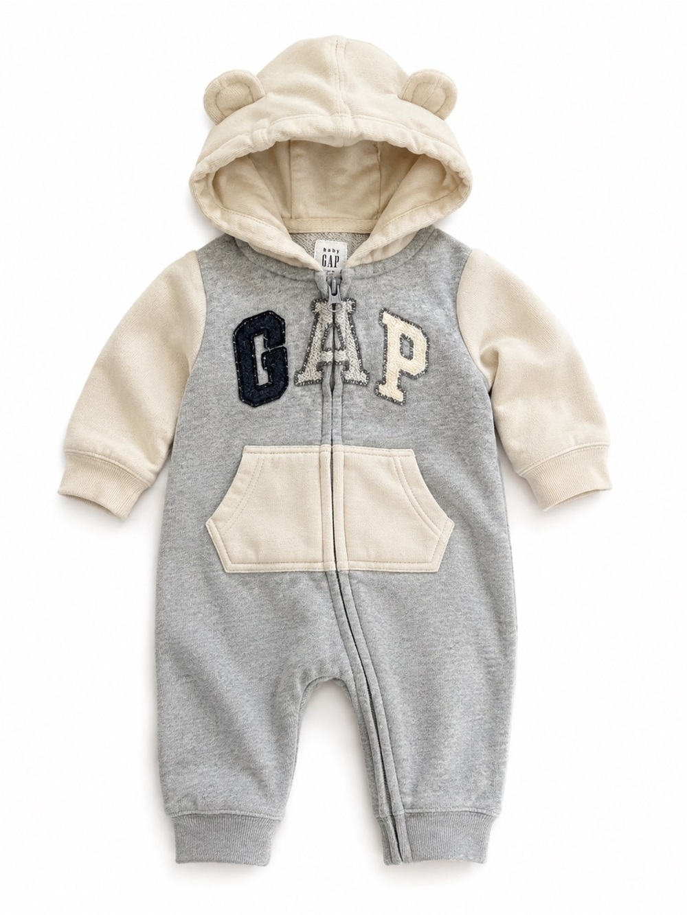 GAP Cream & Gray Hooded Fleece Romper with Ear Hood